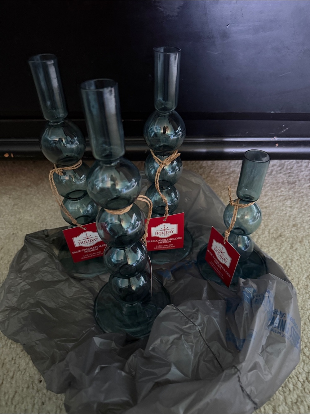 Teal Glass Candlestick Set